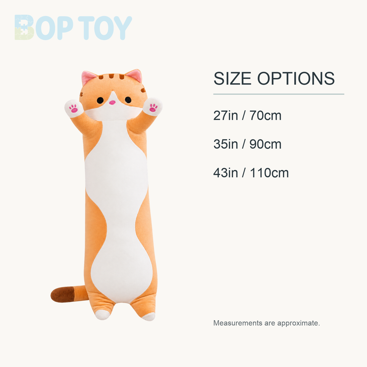 Long Snuggle Buddies Plushie Collection approximate size options: 27in / 70cm, 35in / 90cm, 43in / 110cm