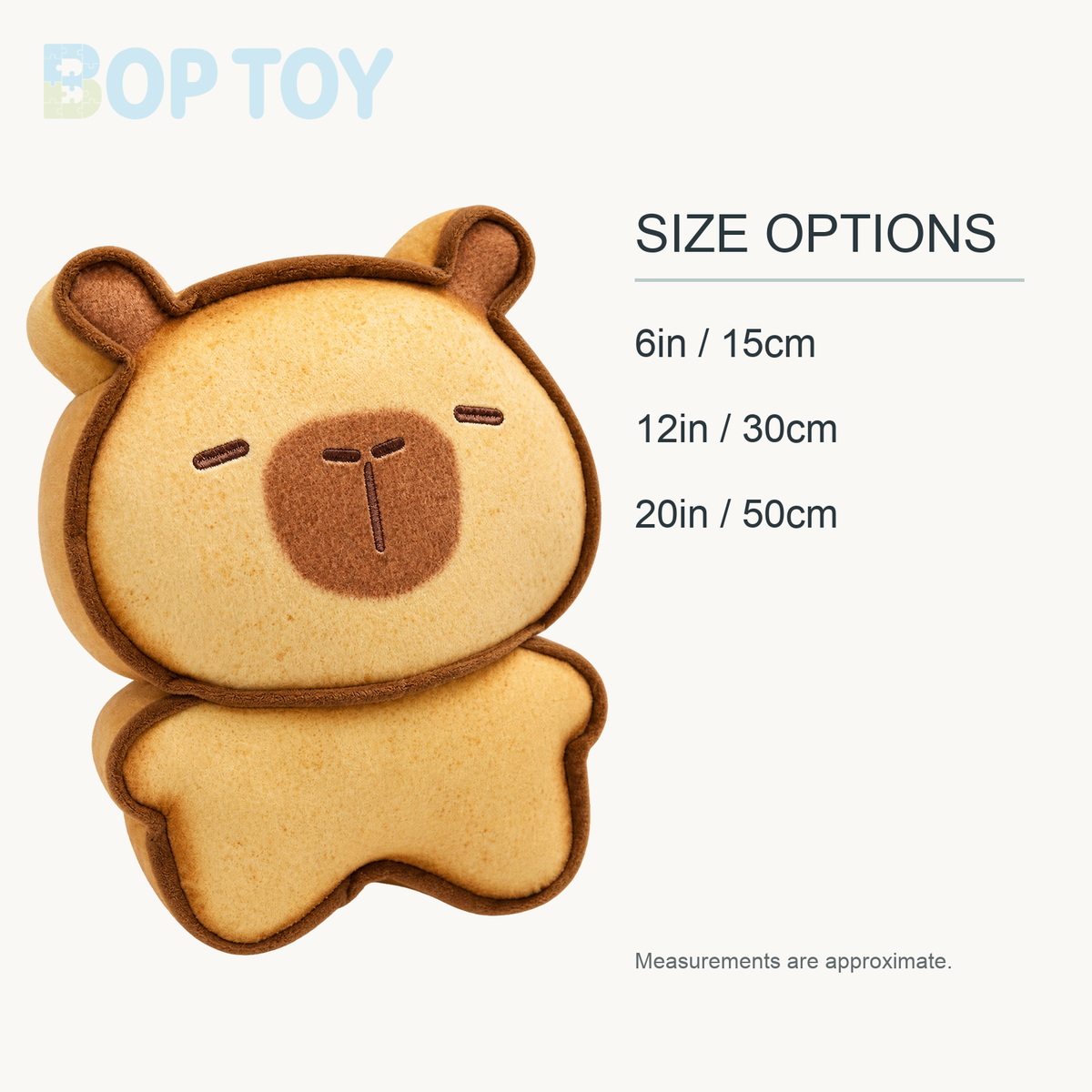 Capybara Bread Cookie Toasted Plushies approximate size options: 6in / 15cm, 12in / 30cm, 20in / 50cm