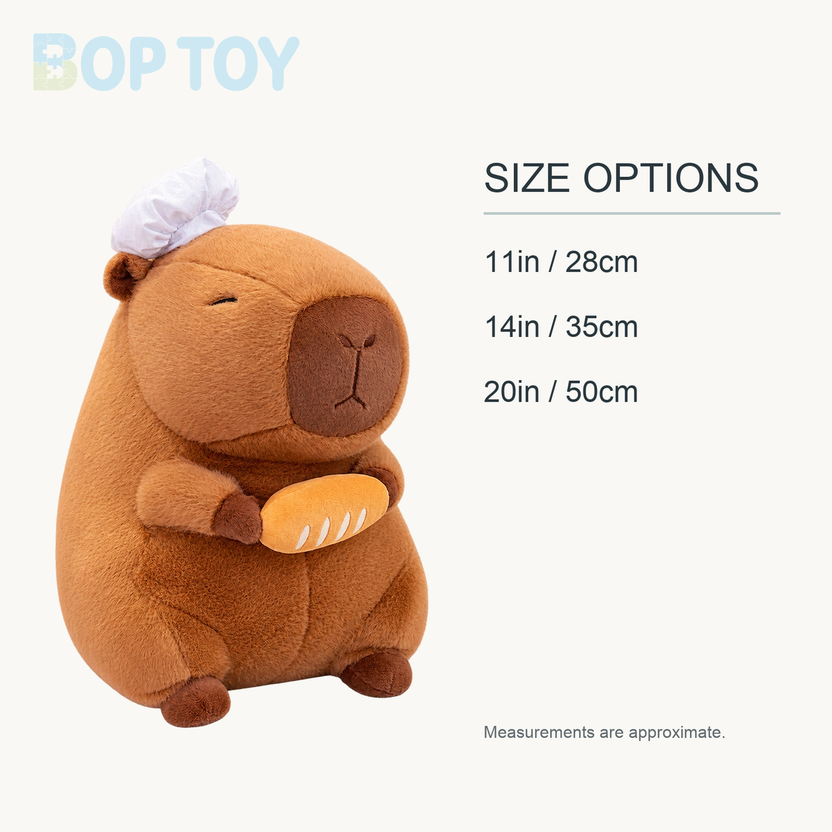 Baker and Chef Capybara Plush Collection approximate size options: 11in / 28cm, 14in / 35cm, 20in / 50cm