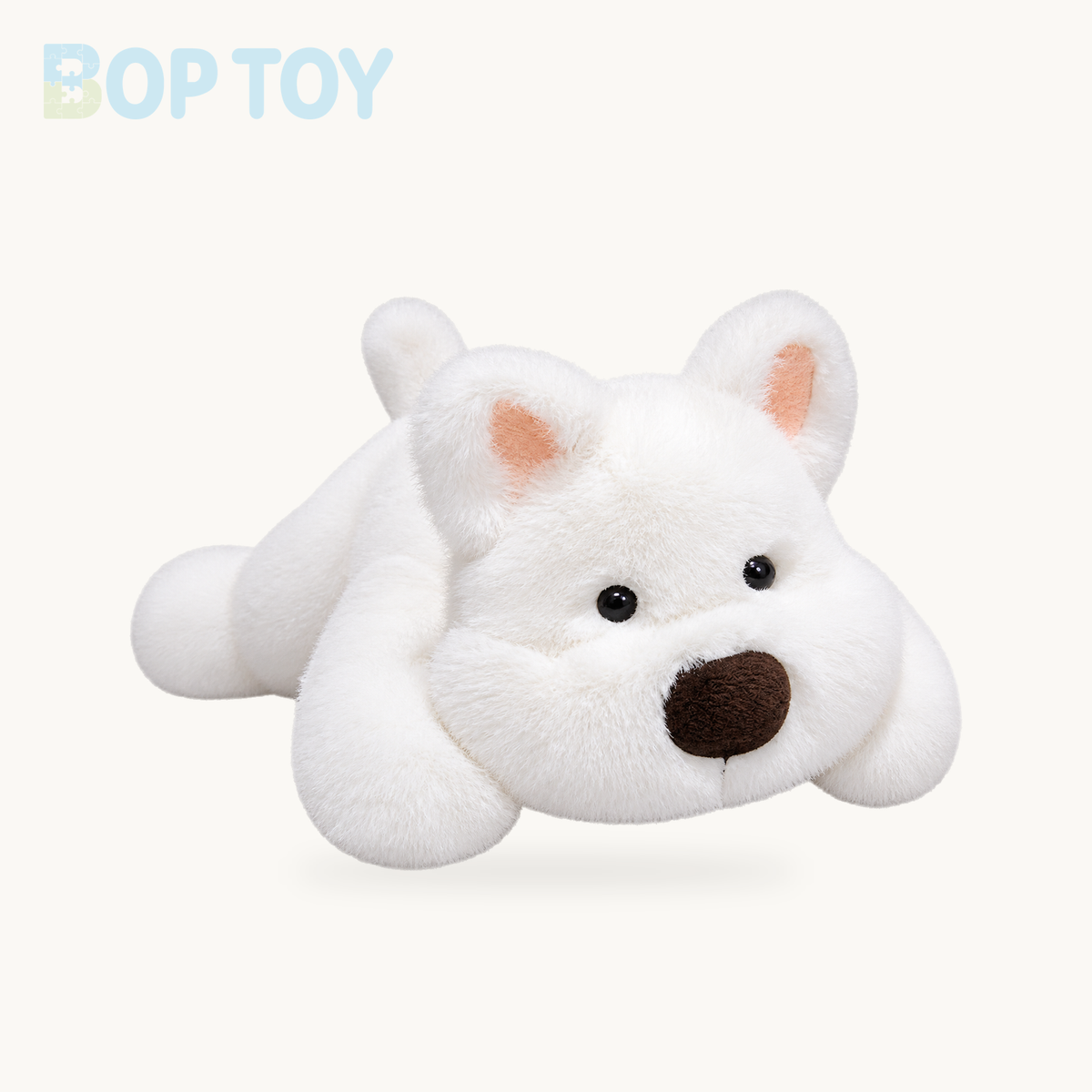 Fluffy Laying Animal Family Plushies – White Terrier / 18cm, White Terrier / 30cm, White Terrier / 40cm