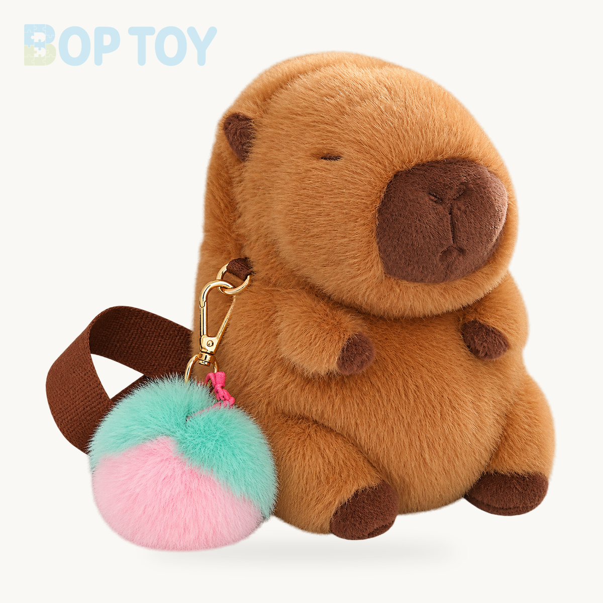 Kawaii Fluffy Capybara Plushies with Strap – Peach