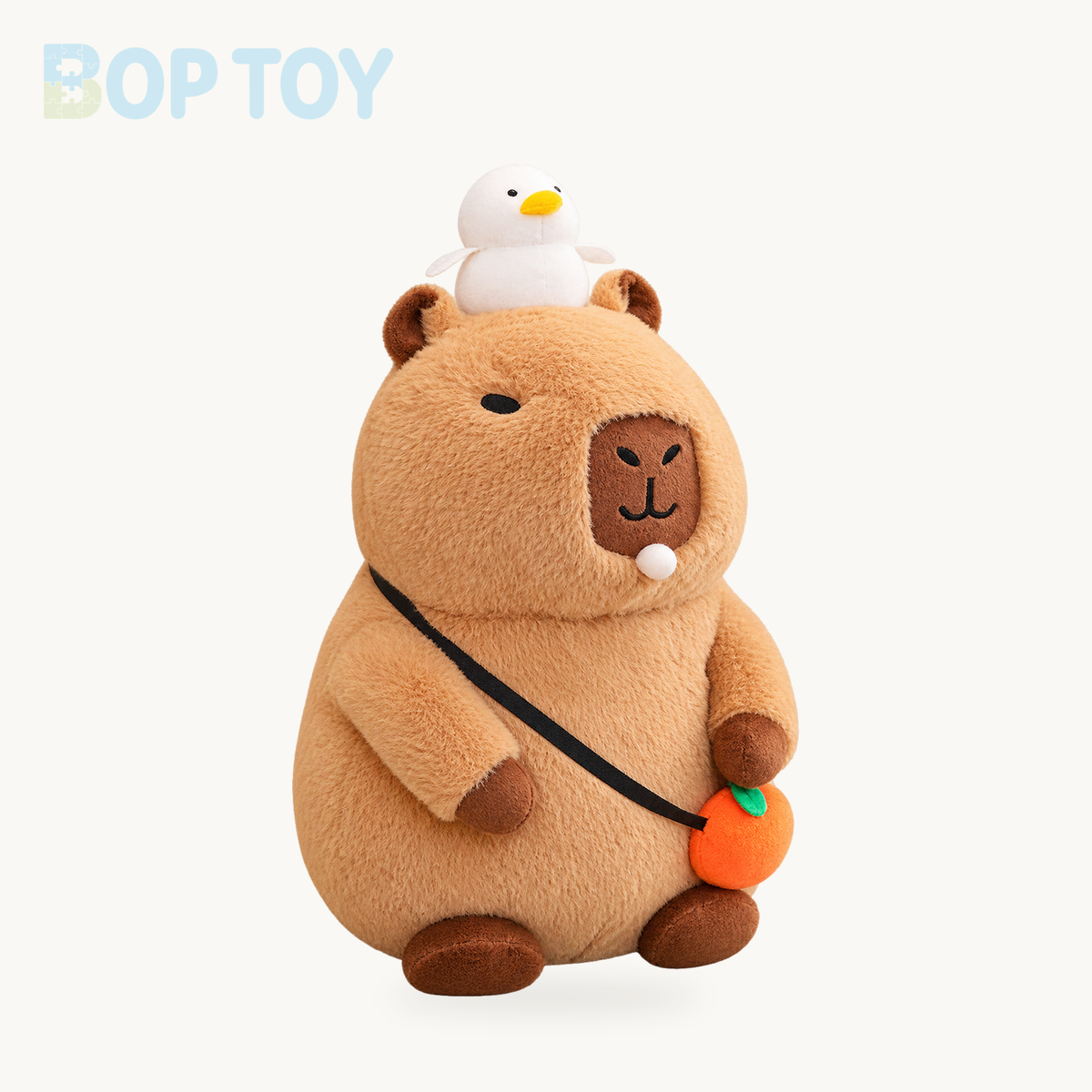 Fluffy Sleepy Capybara with Orange Plushie – Sit with Bubble / 12in / 30cm, Sit with Bubble / 16in / 40cm, Sit with Bubble / 8in / 20cm