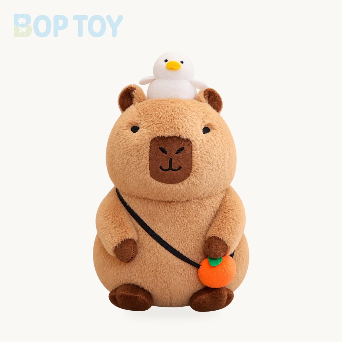 Fluffy Sleepy Capybara with Orange Plushie – Sit / 12in / 30cm, Sit / 16in / 40cm, Sit / 8in / 20cm